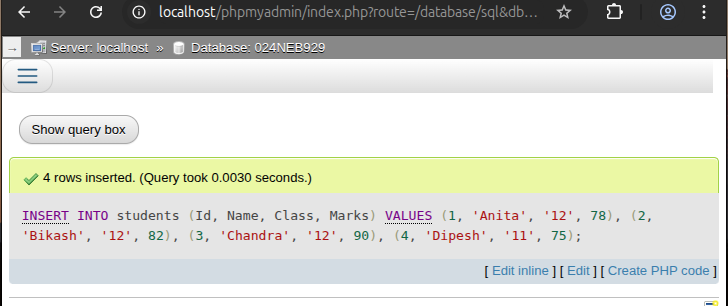 Output of SQL command b